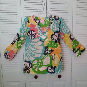 LILLY PULITZER S THANDIE TUNIC CHIQUITA BONITA PRINT SPLIT NECK CUFF 3/4 SLEEVES